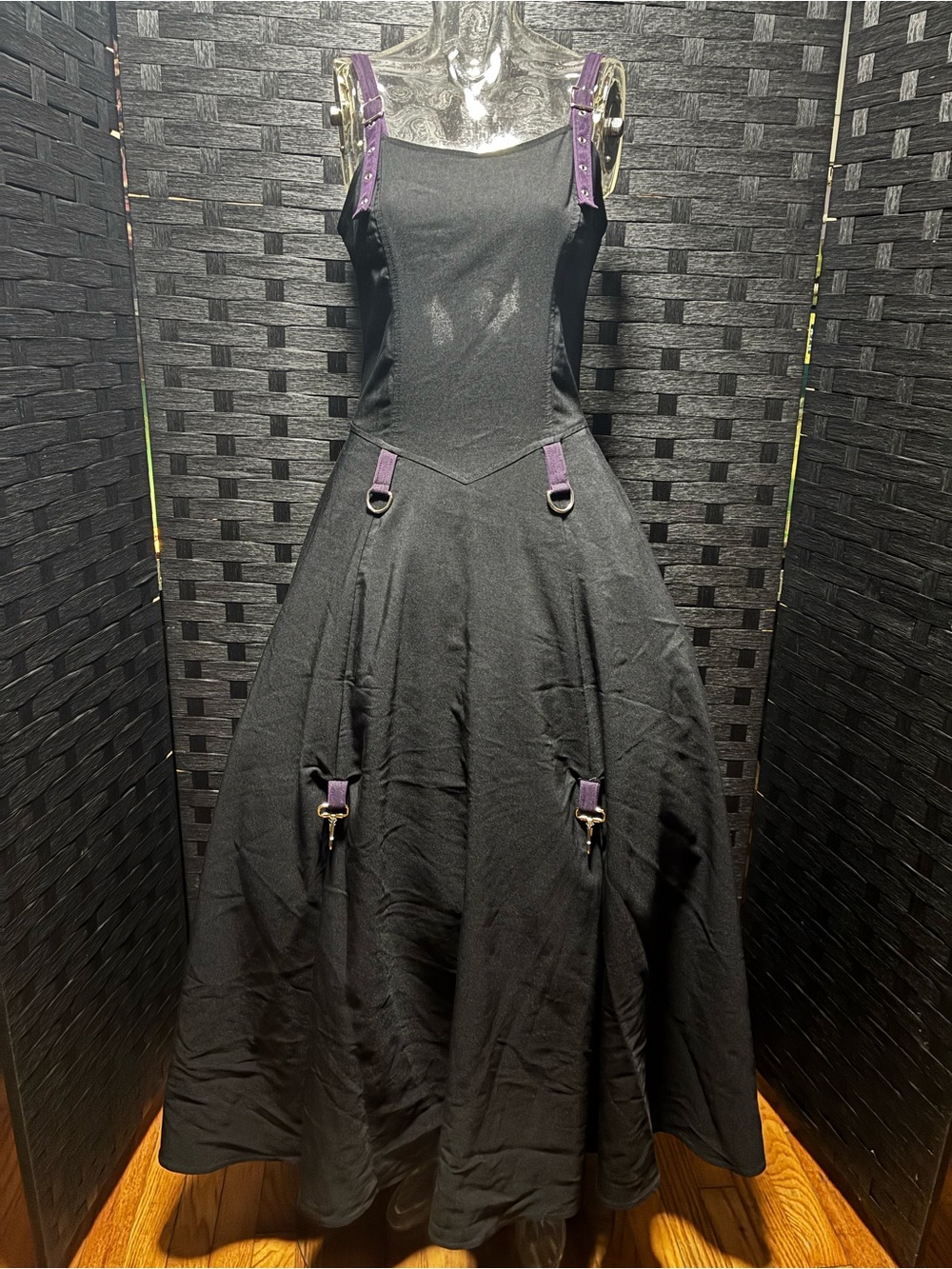 VTG Y2K Lip Service Black Maxi Gown Dress Purple Straps Bondage Goth M